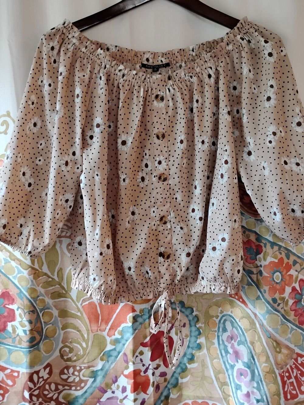Off-Shoulder Polka Dot Peasant Blouse in Beige